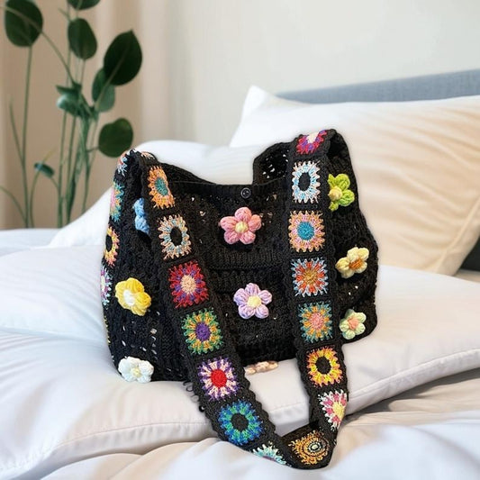 Boho Cotton Crochet Shoulder Bag, Handmade Crochet Bag